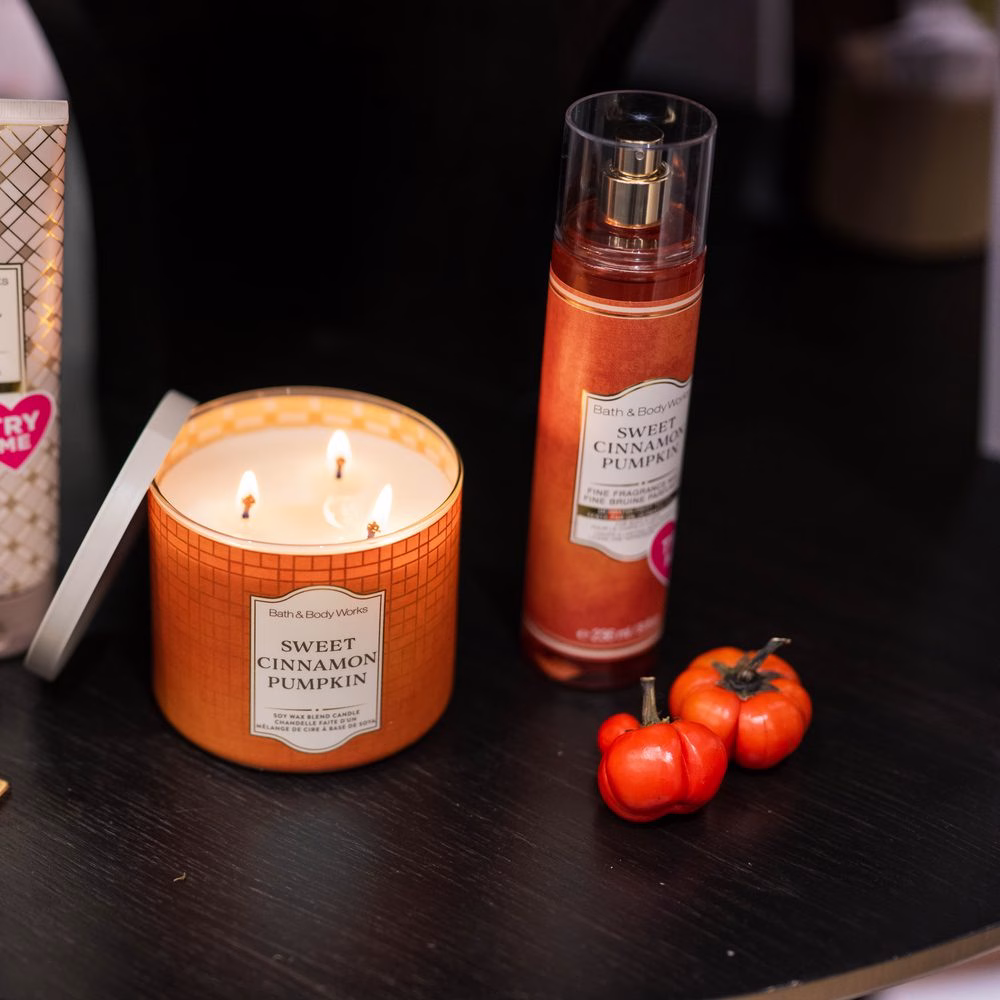 Bath & Body Works Sweet Cinnamon Pumpkin 3-wick candle and fine fragrance mist